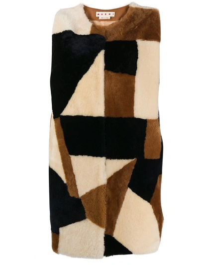 Shop Marni Patchwork Print Shearling Gilet In Brown