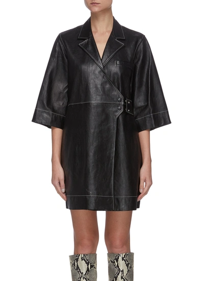 Shop Ganni Topstitch Outline Lamb Leather Wrap Dress In Black