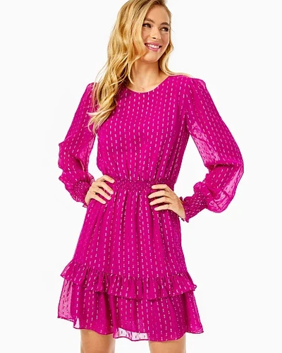 Shop Lilly Pulitzer Dotti Silk Ruffle Dress In Bordeaux Berry Rainbow Metallic Clip