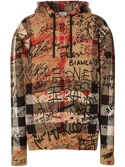 Shop Burberry Graffiti-print Checked Hoodie In Neutrals