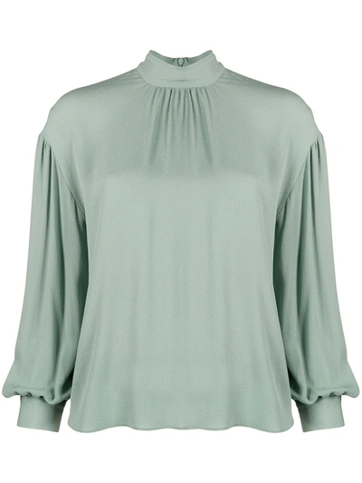 Shop Vince Gathered-sleeve Silk Blouse In Green