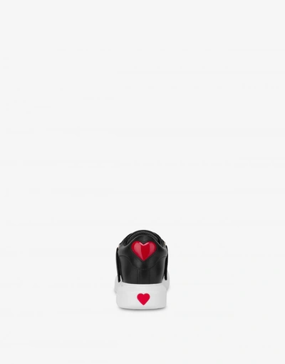 Shop Love Moschino Calfskin Slip On Sneakers Heart Eyelets In Black