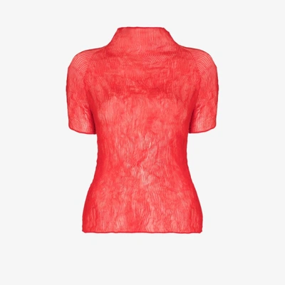 Shop Issey Miyake Sheer Plissé High Neck Top In Red