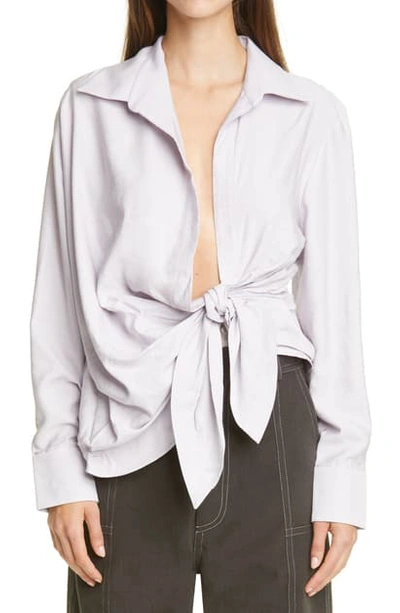 Shop Jacquemus Bahia Drape Long Sleeve Shirt In Lilac Grey