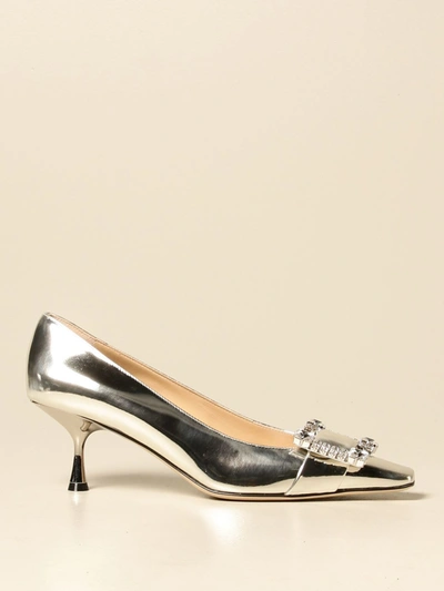 Shop Sergio Rossi Pumps In Mirrored Leather With Jewel Buckle In Silver