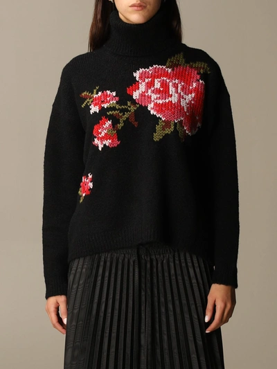 Shop Red Valentino Sweater Pink Jacquard High Collar In Black
