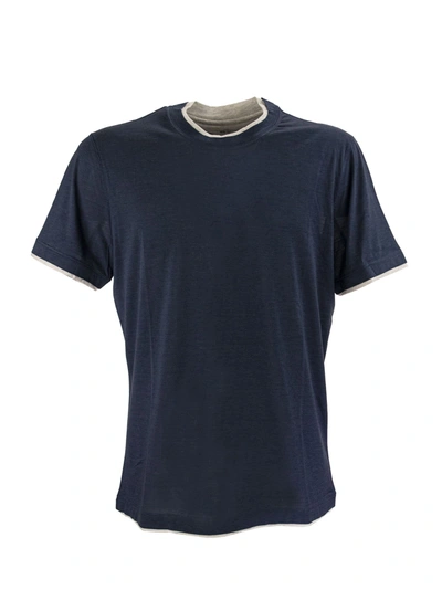 Shop Brunello Cucinelli Slim Fit Crewneck T-shirt In Silk And Cotton Jersey With Fake Overlay In Blue