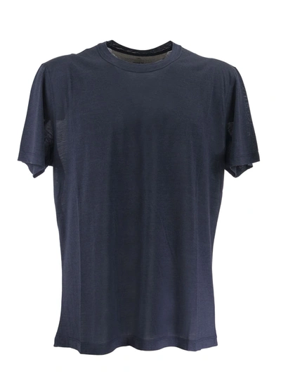 Shop Brunello Cucinelli Slim Fit Crewneck T-shirt In Silk And Cotton Jersey With Fake Overlay In Blue