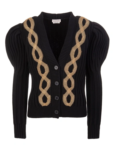 Shop Alexander Mcqueen Woman Black Short Cardigan With Metallic Braids In Nero/oro