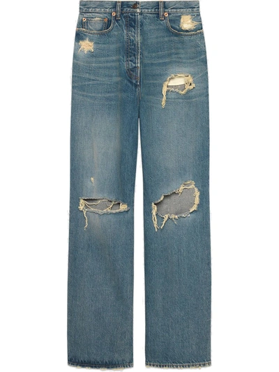 Gucci Organic Cotton Distressed Boyfriend-fit Jeans In Blue | ModeSens