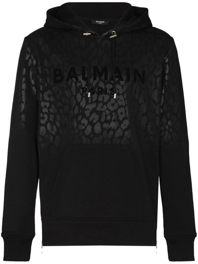 Shop Balmain Leopard-print Cotton Hoodie In Black