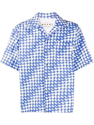 Shop Marni Smile-print Short-sleeve Shirt In Blue