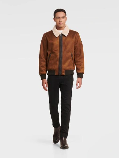 Shop Dkny Men's Faux Suede Bomber With Sherpa Lining - In Brown Suede