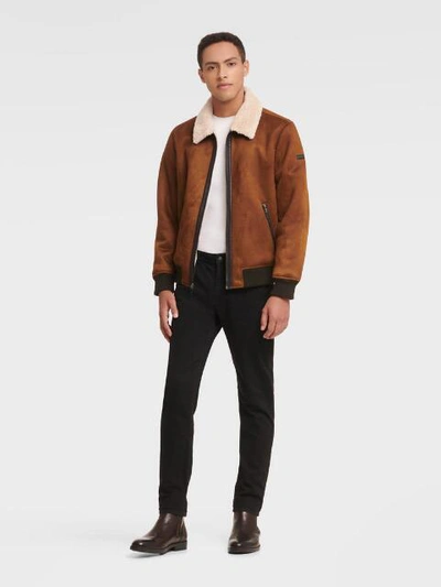 Shop Dkny Men's Faux Suede Bomber With Sherpa Lining - In Brown Suede