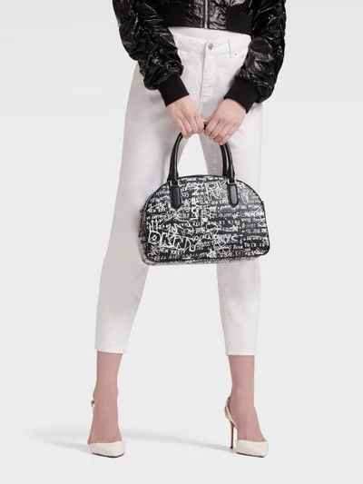 Shop Donna Karan Thompson Graffiti Dome Satchel In White/black