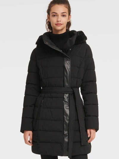 Shop Dkny Women's Belted Puffer With Faux Fur Trimmed Hood - In Navy