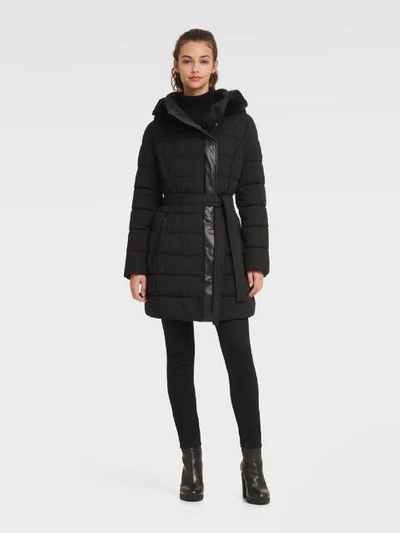 Shop Dkny Women's Belted Puffer With Faux Fur Trimmed Hood - In Navy