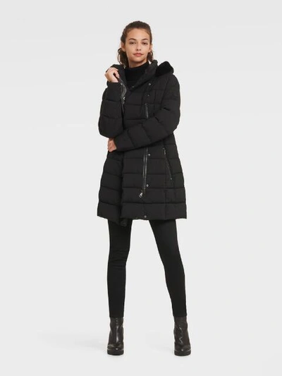 Shop Dkny Women's Belted Puffer With Faux Fur Trimmed Hood - In Navy