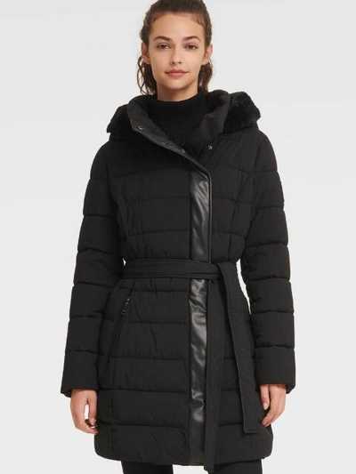 Shop Dkny Women's Belted Puffer With Faux Fur Trimmed Hood - In Black