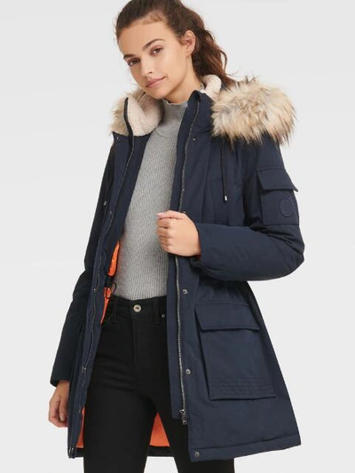 Shop Dkny Women's Anorak With Faux Fur Hood - In Navy