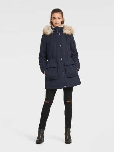 Shop Dkny Women's Anorak With Faux Fur Hood - In Navy