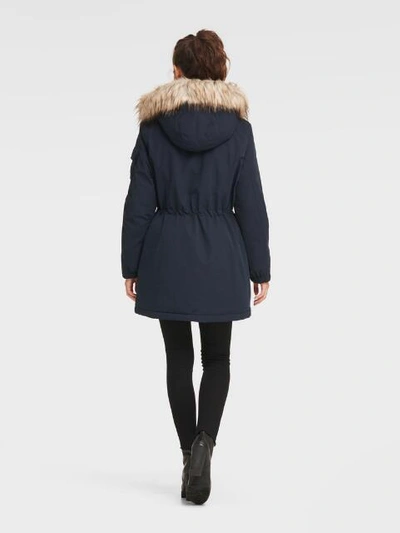 Shop Dkny Women's Anorak With Faux Fur Hood - In Navy