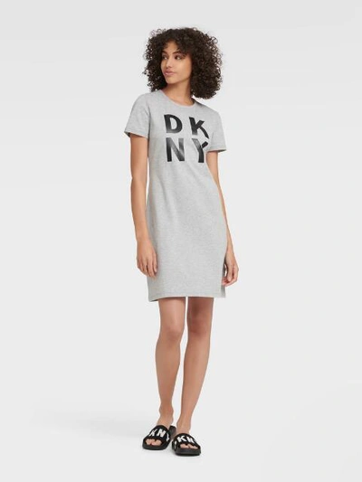 Shop Dkny Women's Stacked Logo T-shirt Dress - In Pearl Grey Heather