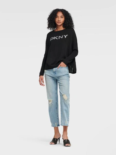 Shop Dkny Women's Drop Shoulder Sequin Logo Sweater - In Black/silver