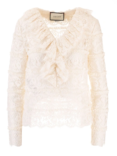 Shop Gucci Ruffles Lace Shirt In Ivory Color In White