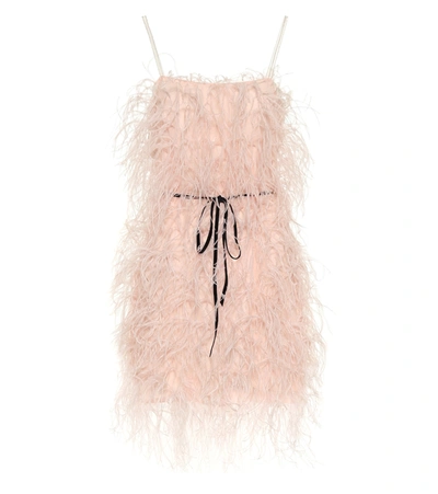 Shop Monique Lhuillier Feather-trimmed Tulle Minidress In Pink