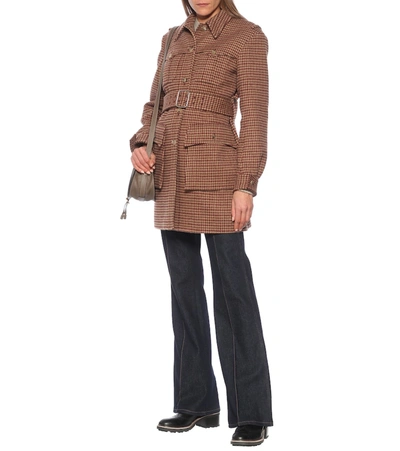 Shop Chloé Checked Belted Wool Coat In Brown