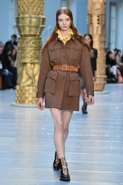 Shop Chloé Checked Belted Wool Coat In Brown