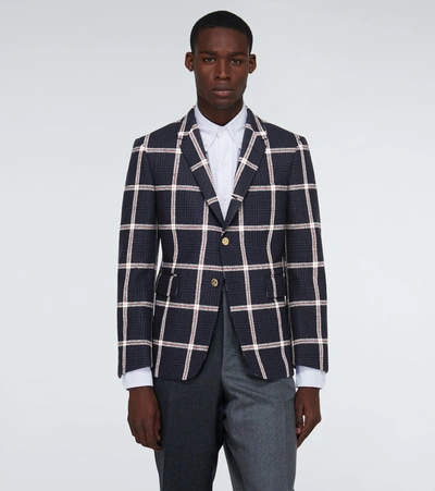 Shop Thom Browne Prince Of Wales Checked Wool Blazer In Blue