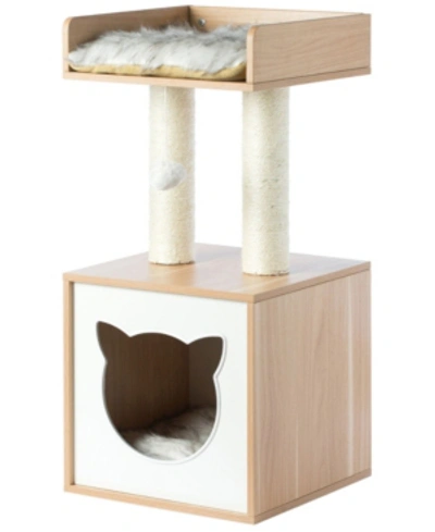 Shop Pawsmark Cat Tree Play House Condo Cube Cave With Platform, Scratcher Post And Ball Toy In Brown