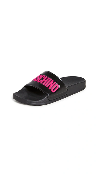 Shop Moschino Logo Pool Slides In Nero