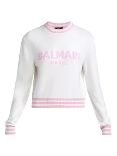 Shop Balmain Women's Cropped Logo Wool-blend Sweater In White
