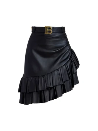 Shop Balmain Women's Asymmetric Ruffled Leather Skirt In Black