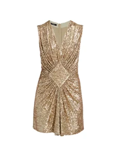 Shop Balmain Sleeveless Gathered Sequin Dress In Gold