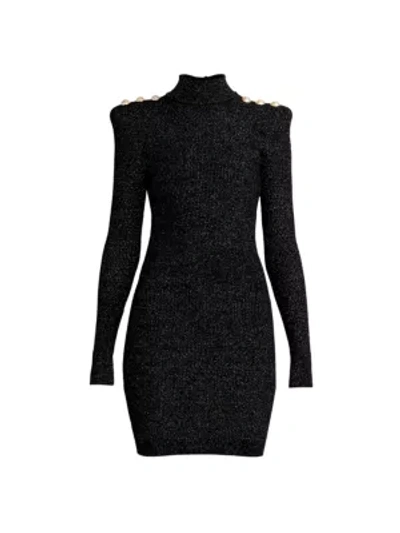Shop Balmain Ribbed Lurex Mockneck Knit Dress In Noir