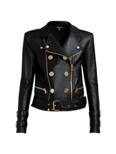 Shop Balmain Double-breasted Leather Biker Jacket In Noir