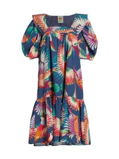 Shop Farm Rio Toucan Puff-sleeve Midi Dress In Multi