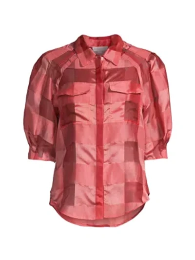 Shop Rebecca Taylor Women's Organza Check Three-quarter-sleeve Blouse In Red Kiss