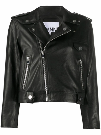 Shop Ganni Women's Black Leather Outerwear Jacket