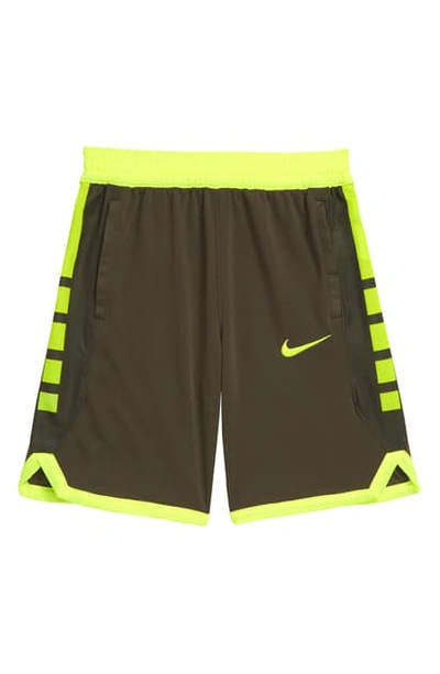 Shop Nike Kids' Dry Elite Basketball Shorts In Cargo Khaki/ Volt/ Volt