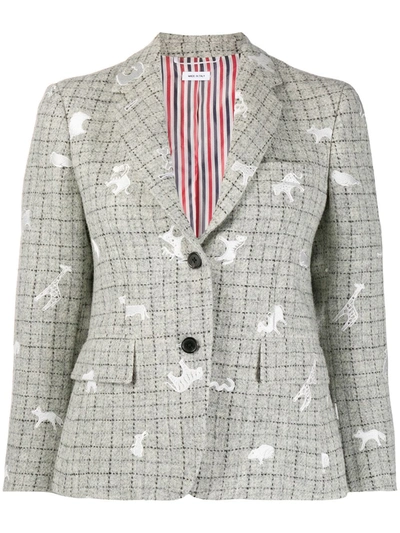 Shop Thom Browne Animal-embroidered Tweed Jacket In Grey