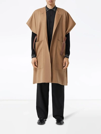 Shop Burberry Belted Oversized Buttoned Cape In Brown