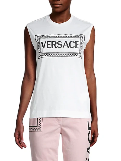 Shop Versace Logo-print Cotton Tank Top In Black White