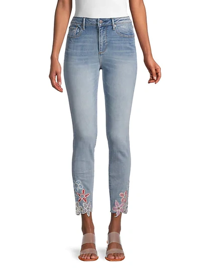 Shop Driftwood Women's Floral-trim Whiskered Jeans In Medium Wash