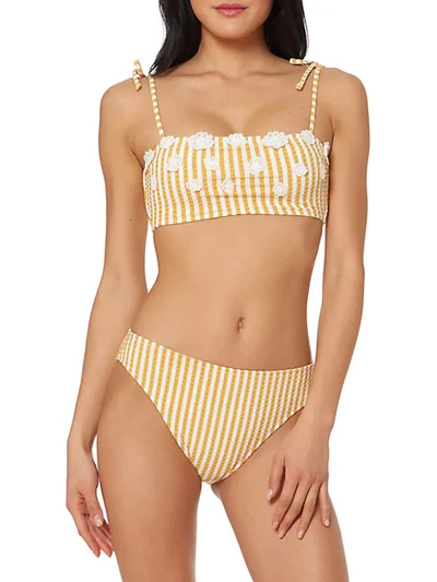 Shop Jessica Simpson Floral Striped Bikini Top In Goldie