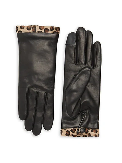 Shop Agnelle Edith Leopard-print Calf Hair Trimmed Leather Gloves In Noir